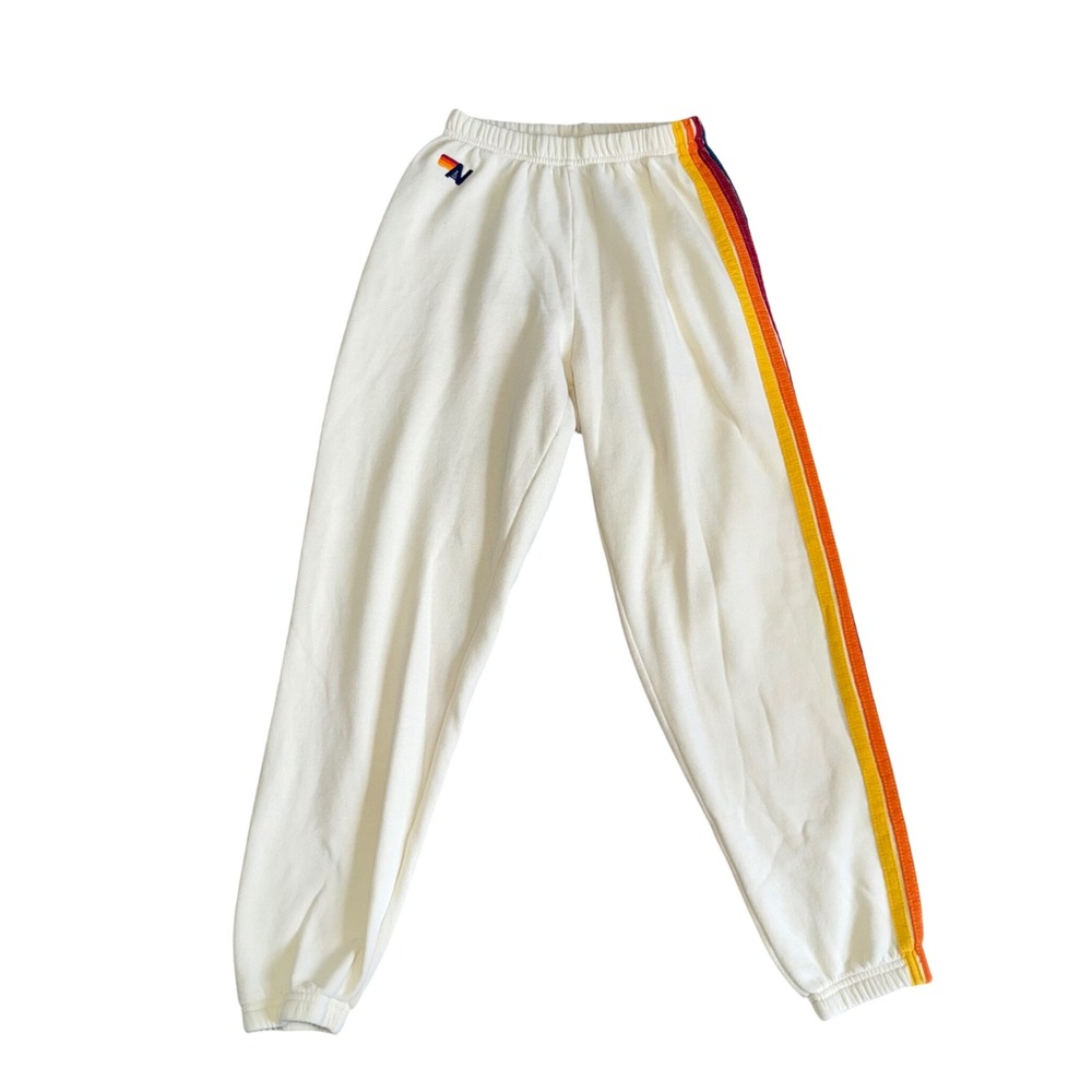 Aviator Nation Sweatpants XS Cream Rainbow Stripe Joggers Excellent White